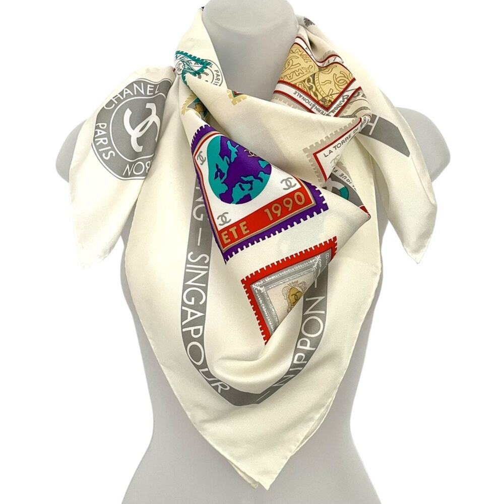 Chanel Vintage Postage Stamps of the World Ivory-White Silk Twill Scarf